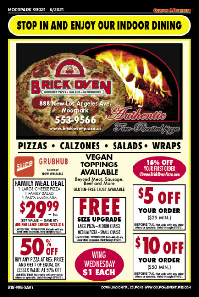 Brick Oven Pizza, Moorpark coupons, direct mail, discounts, marketing, Southern California