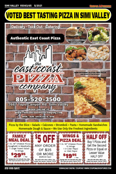 The East Coast Pizza Company, SImi Valley, coupons, direct mail, discounts, marketing, Southern California