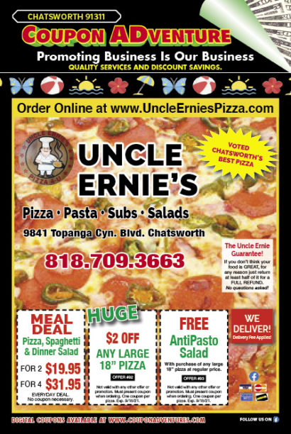 Uncle Ernie's Pizza, Granada Hills, coupons, direct mail, discounts, marketing, Southern California