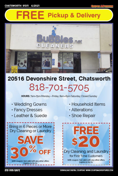 Bubbles Cleaners, Chatsworth, coupons, direct mail, discounts, marketing, Southern California