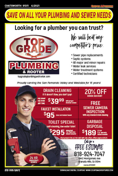 Top Grade Plumbing & Rooter, Chatsworth, coupons, direct mail, discounts, marketing, Southern California