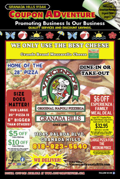 Vincenzo's Pizzeria, Granada Hills, coupons, direct mail, discounts, marketing, Southern California