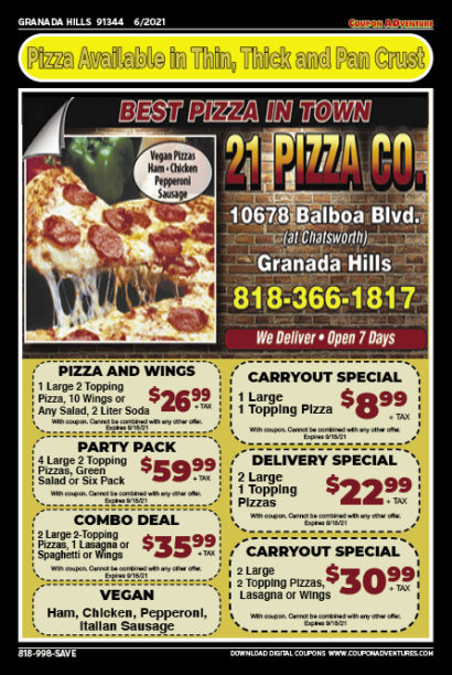 21 Pizza Company, Granada Hills, coupons, direct mail, discounts, marketing, Southern California