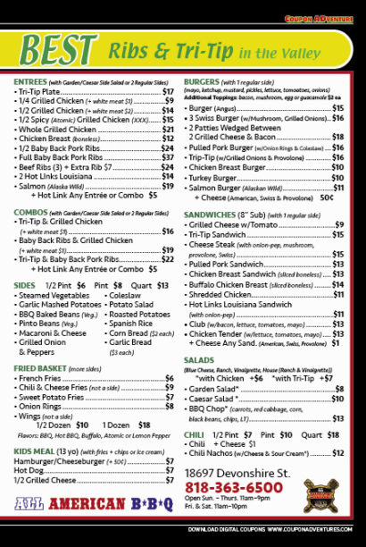 All American BBQ Menu, Granada Hills, coupons, direct mail, discounts, marketing, Southern California