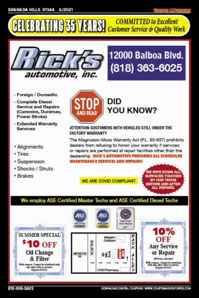 Rick's Automotive, Granada Hills, coupons, direct mail, discounts, marketing, Southern California