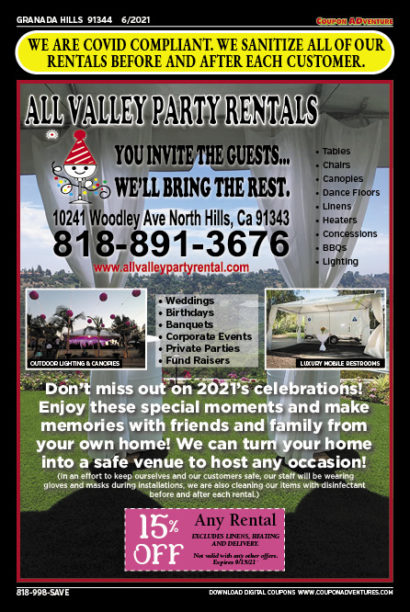 All Valley Party Rentals, Granada Hills, coupons, direct mail, discounts, marketing, Southern California