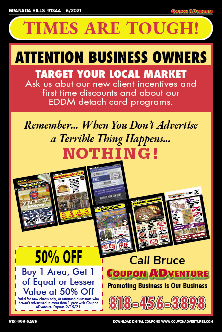 Coupon ADventure, Granada Hills, coupons, direct mail, discounts, marketing, Southern California