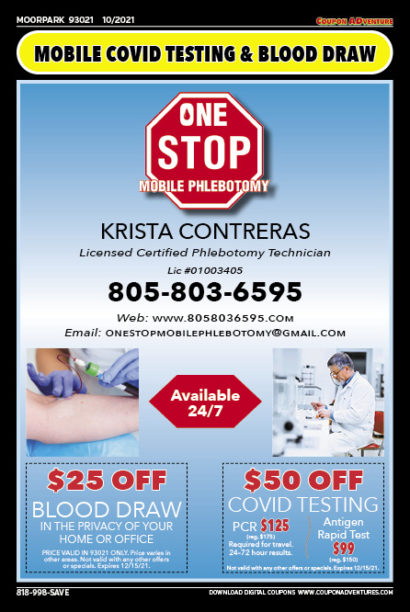 One Stop Phlebotomy, Moorpark, coupons, direct mail, discounts, marketing, Southern California