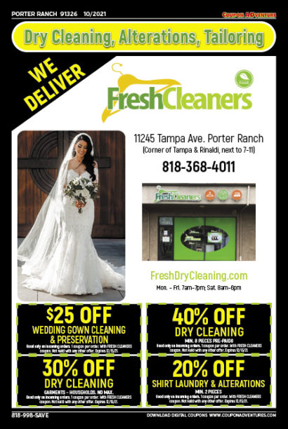 Fresh Cleaners, Porter Ranch, coupons, direct mail, discounts, marketing, Southern California