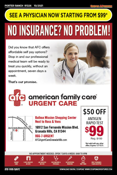 American Family Care Urgent Care, Porter Ranch, coupons, direct mail, discounts, marketing, Southern California