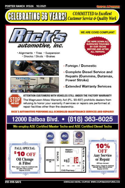 Rick's Automotive, Porter Ranch, coupons, direct mail, discounts, marketing, Southern California