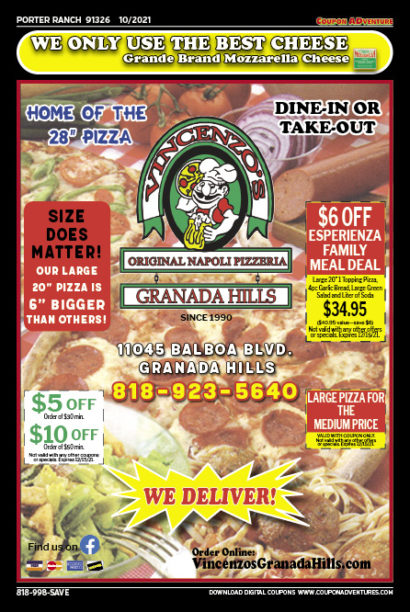 Vincenzo's Original Napoli Pizzeria, Porter Ranch, coupons, direct mail, discounts, marketing, Southern California