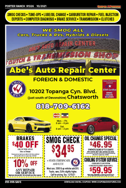 Abe's Auto Repair Center, Porter Ranch, coupons, direct mail, discounts, marketing, Southern California