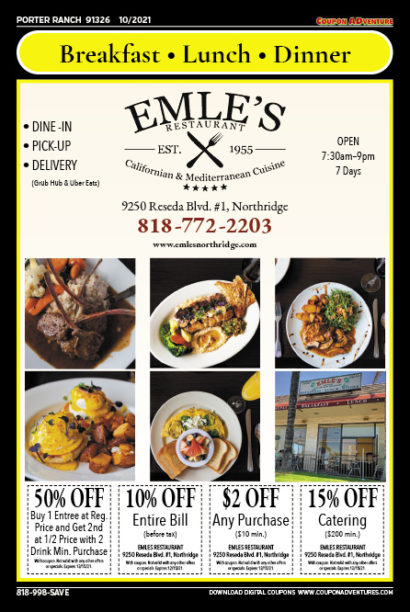 Emles Restaurant, Porter Ranch, coupons, direct mail, discounts, marketing, Southern California
