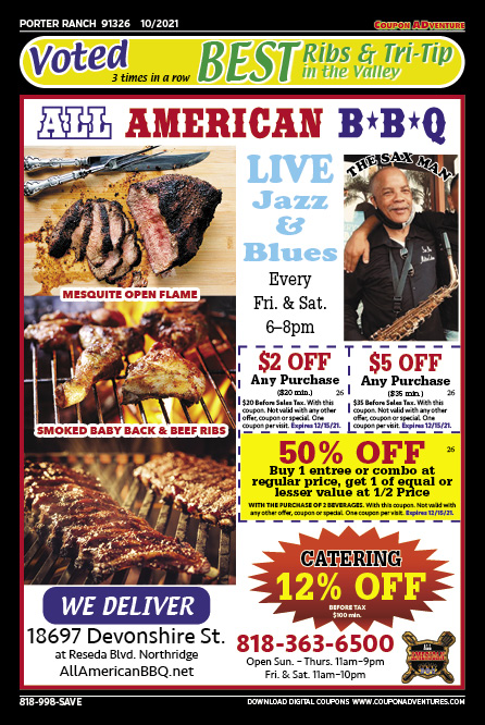 All American BBQ, Porter Ranch, coupons, direct mail, discounts, marketing, Southern California