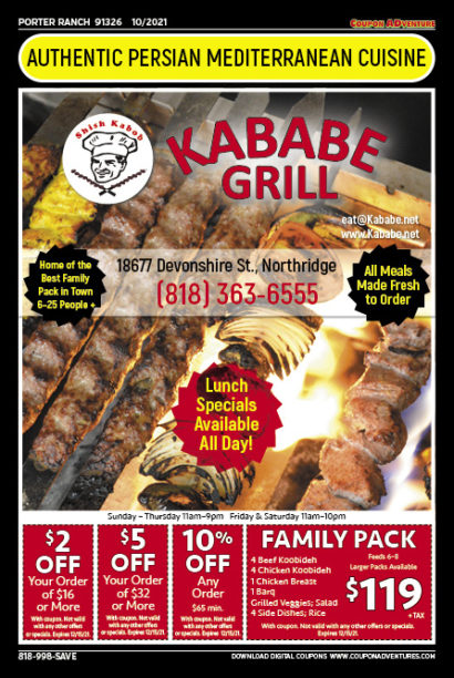 Kabbe Grill, Porter Ranch, coupons, direct mail, discounts, marketing, Southern California
