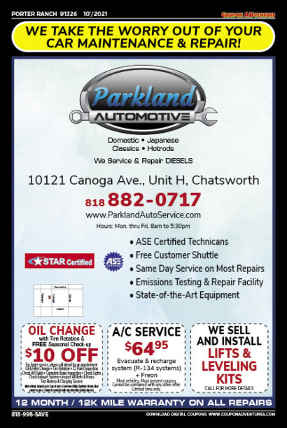 Parkland Automotive, Porter Ranch, coupons, direct mail, discounts, marketing, Southern California