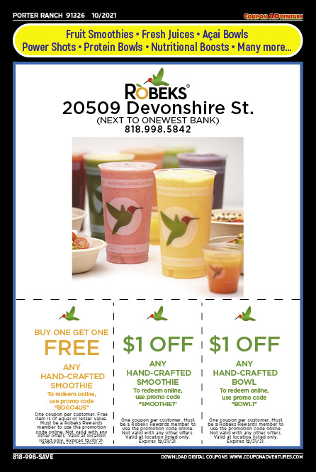 Robeks, Porter Ranch, coupons, direct mail, discounts, marketing, Southern California