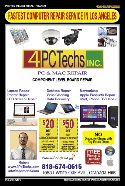 4 PC Techs, Porter Ranch, coupons, direct mail, discounts, marketing, Southern California