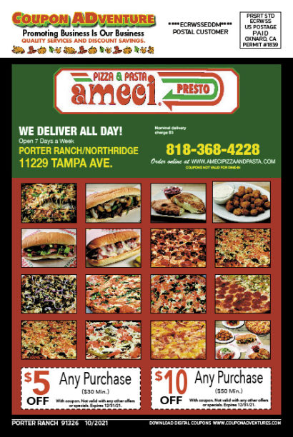Ameci Pizza & Pasta, Porter Ranch, coupons, direct mail, discounts, marketing, Southern California