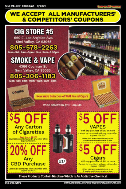 Smoke & Vape, Cig Store #5, SImi Valley, coupons, direct mail, discounts, marketing, Southern California
