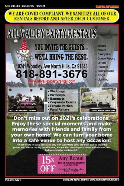 All Valley Party Rentals, SImi Valley, coupons, direct mail, discounts, marketing, Southern California