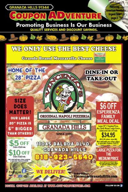 Vincenzo's Original Napoli Pizzeria, Granada Hills, coupons, direct mail, discounts, marketing, Southern California