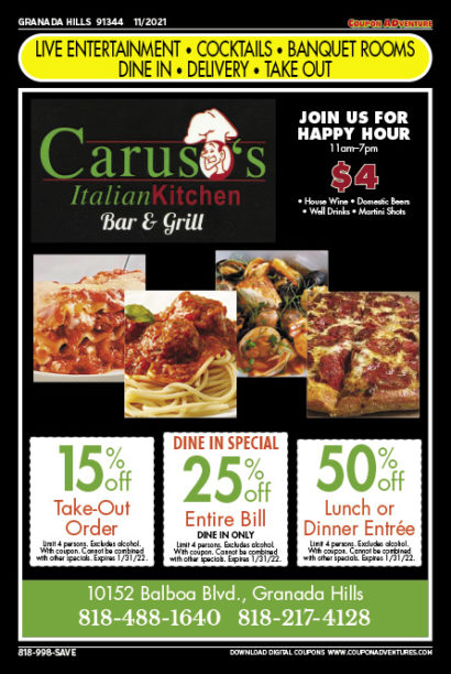 Caruso's Italian Kitchen, Granada Hills, coupons, direct mail, discounts, marketing, Southern California