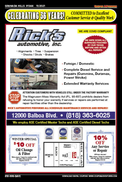 Rick's Automotive, Granada Hills, coupons, direct mail, discounts, marketing, Southern California