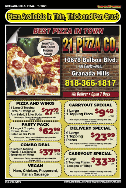 21 Pizza Co., Granada Hills, coupons, direct mail, discounts, marketing, Southern California