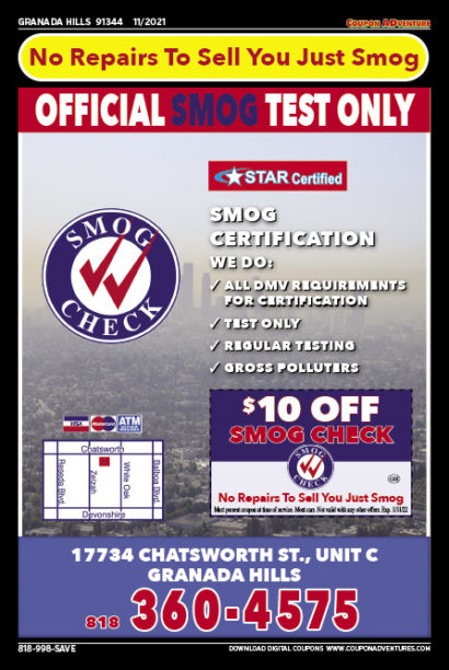 Official Smog Test Only, Granada Hills, coupons, direct mail, discounts, marketing, Southern California