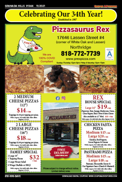 Pizzasaurus Rex, Granada Hills, coupons, direct mail, discounts, marketing, Southern California