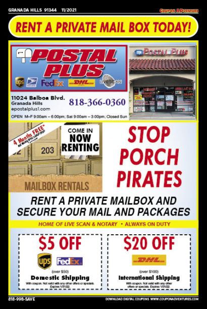 Postal Plus, Granada Hills, coupons, direct mail, discounts, marketing, Southern California