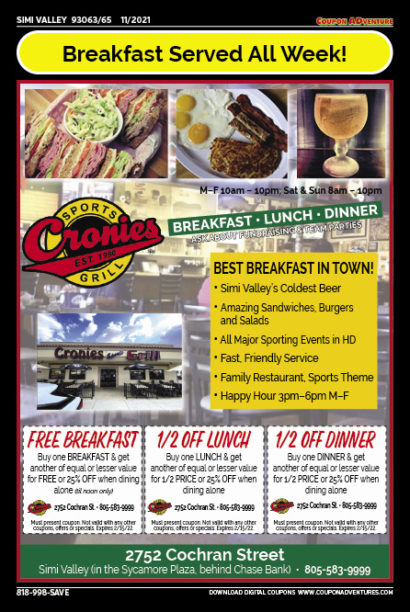 Cronies Sports Grill, Simi Valley, coupons, direct mail, discounts, marketing, Southern California