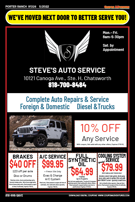 Steve's Auto Service, Porter Ranch, coupons, direct mail, discounts, marketing, Southern California