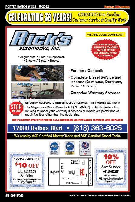 Rick's Auto, Porter Ranch, coupons, direct mail, discounts, marketing, Southern California