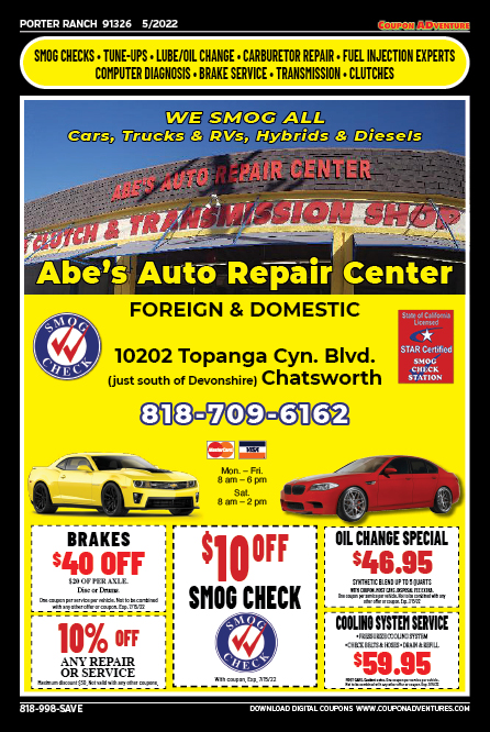 Abe's Auto Repair Center, Porter Ranch, coupons, direct mail, discounts, marketing, Southern California