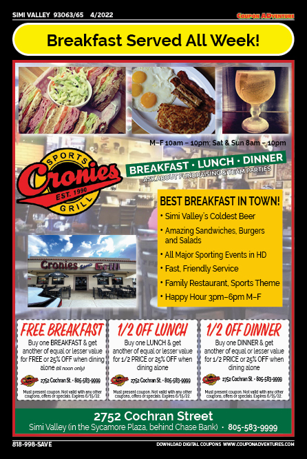 Cronies Sports Grill, Simi Valley, coupons, direct mail, discounts, marketing, Southern California