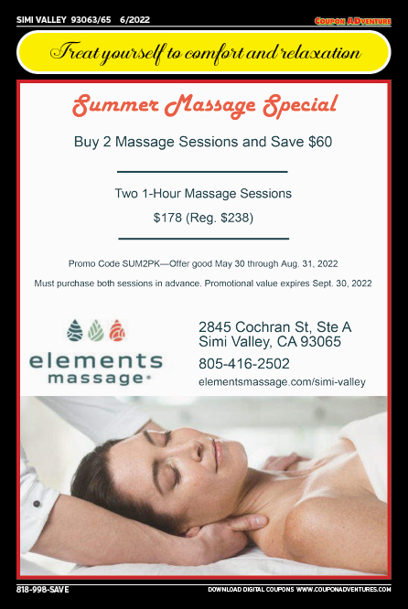 Elements Massage, Simi Valley, coupons, direct mail, discounts, marketing, Southern California