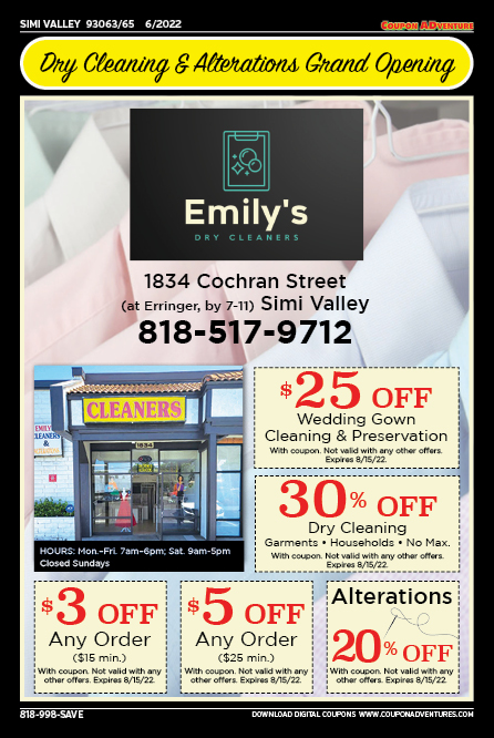 Emily's Dry Cleaners, Simi Valley, coupons, direct mail, discounts, marketing, Southern California