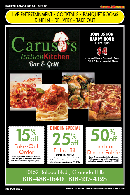 Caruso's Italian Kitchen, Porter Ranch, coupons, direct mail, discounts, marketing, Southern California