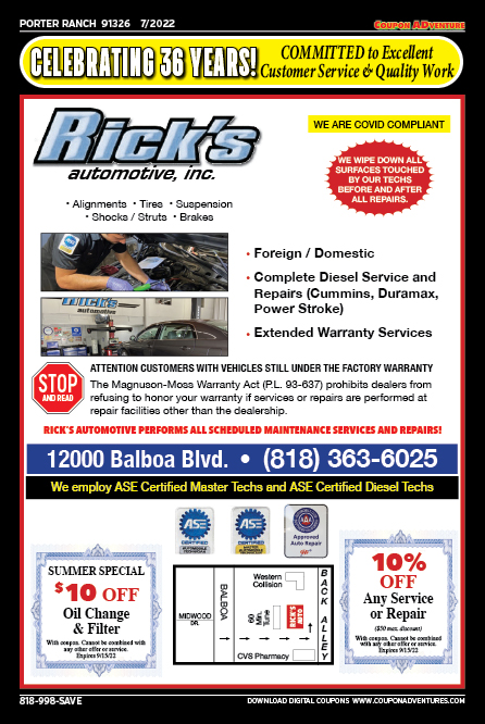 Rick's Automotive, Porter Ranch, coupons, direct mail, discounts, marketing, Southern California