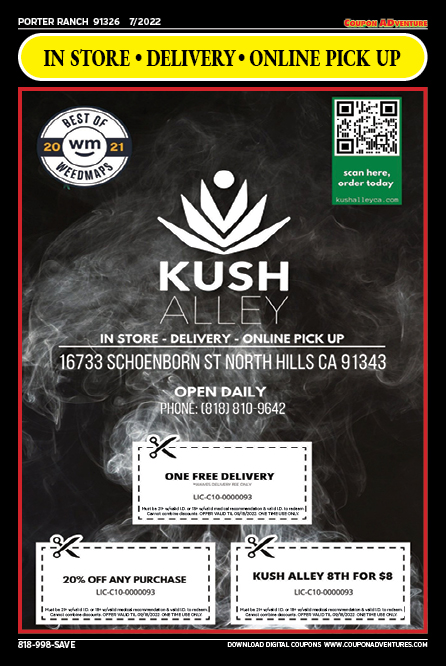 Kush Alley, Porter Ranch, coupons, direct mail, discounts, marketing, Southern California