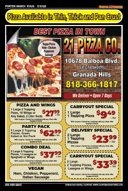 21 Pizza Co., Porter Ranch, coupons, direct mail, discounts, marketing, Southern California