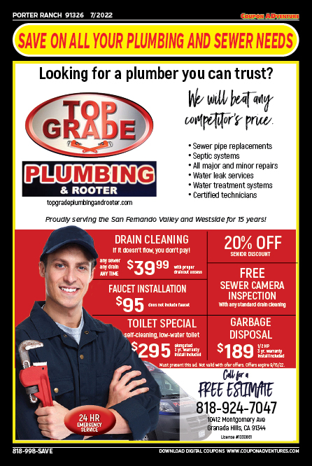 Top Grade Plumbing & Rooter, Porter Ranch, coupons, direct mail, discounts, marketing, Southern California