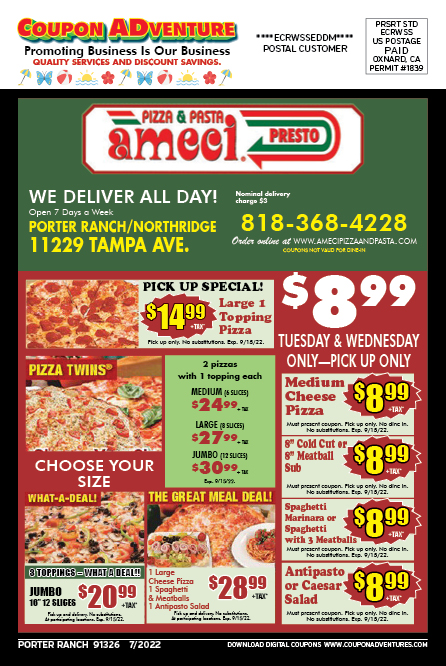 Ameci Pizza & Pasta, Porter Ranch, coupons, direct mail, discounts, marketing, Southern California