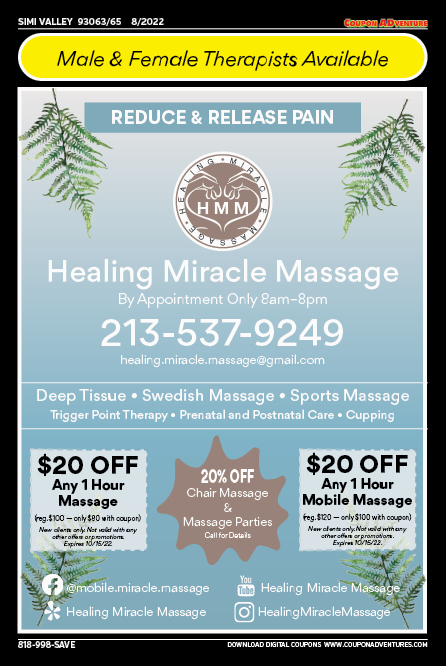 Healing Miracle Massage, Simi Valley, coupons, direct mail, discounts, marketing, Southern California